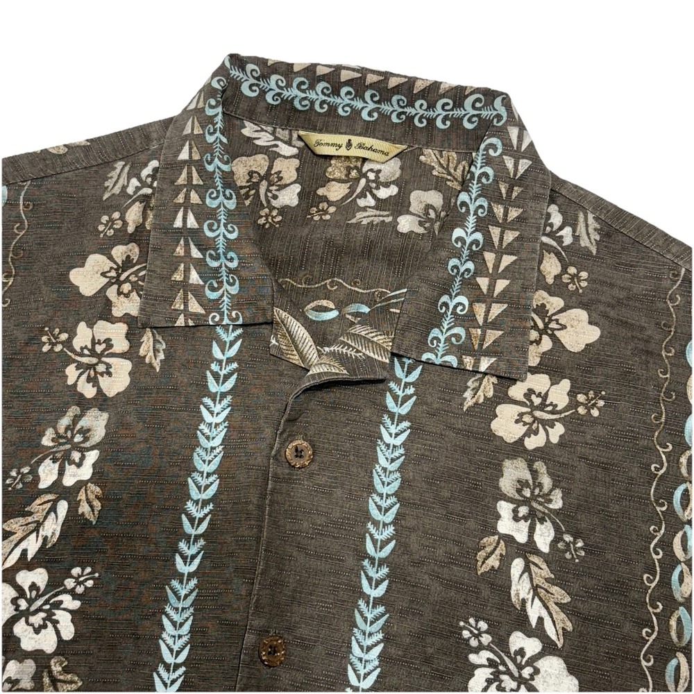 Tommy Bahama Silk Hawaiian Shirt Mens L Brown Tropical Short Sleeve Beach Vacay